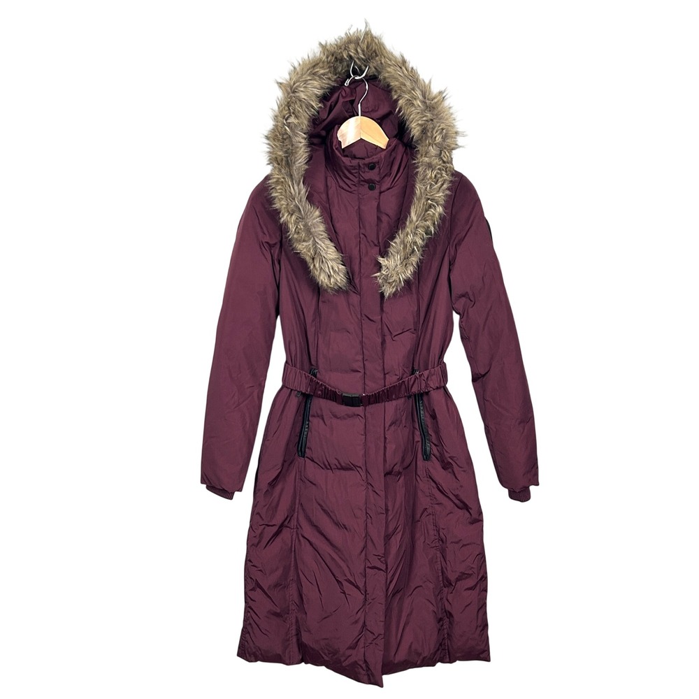 Atelier Noir Rudsak Long Down Parka Womens M Faux Fur Hood Belted Coat Burgundy